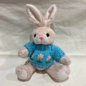 Chrisha Playful Plush Jointed Pink Bunny Blue Sweater Stuffed Animal 1999